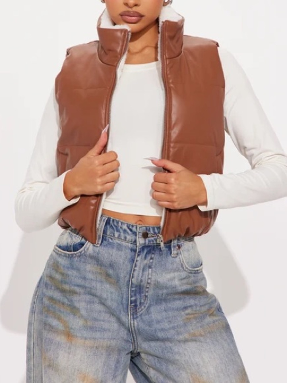 Fashion Nova Tan Faux Leather Puffer Vest